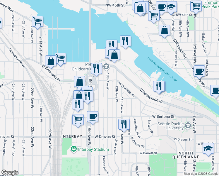 map of restaurants, bars, coffee shops, grocery stores, and more near 3646 13th Alley West in Seattle