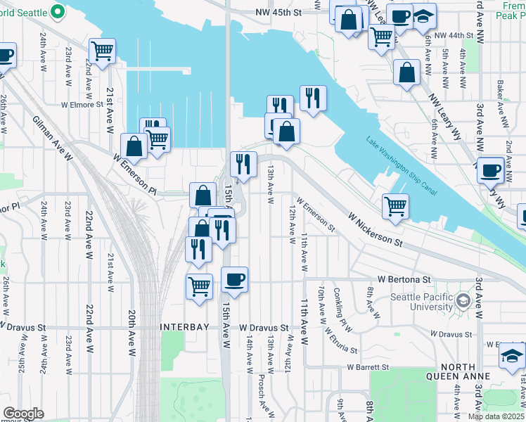 map of restaurants, bars, coffee shops, grocery stores, and more near 3646 14th Avenue West in Seattle