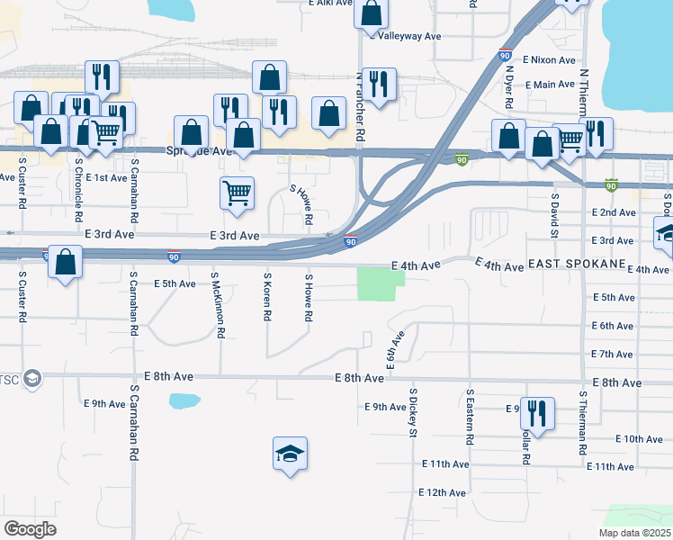 map of restaurants, bars, coffee shops, grocery stores, and more near 5820 East 4th Avenue in Spokane Valley