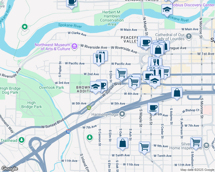 map of restaurants, bars, coffee shops, grocery stores, and more near 1917 West 3rd Avenue in Spokane