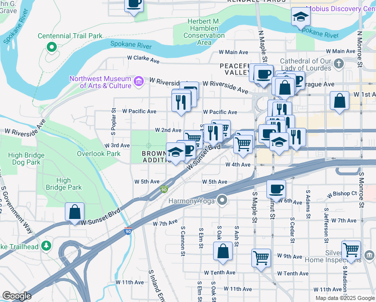 map of restaurants, bars, coffee shops, grocery stores, and more near 1917 West 3rd Avenue in Spokane
