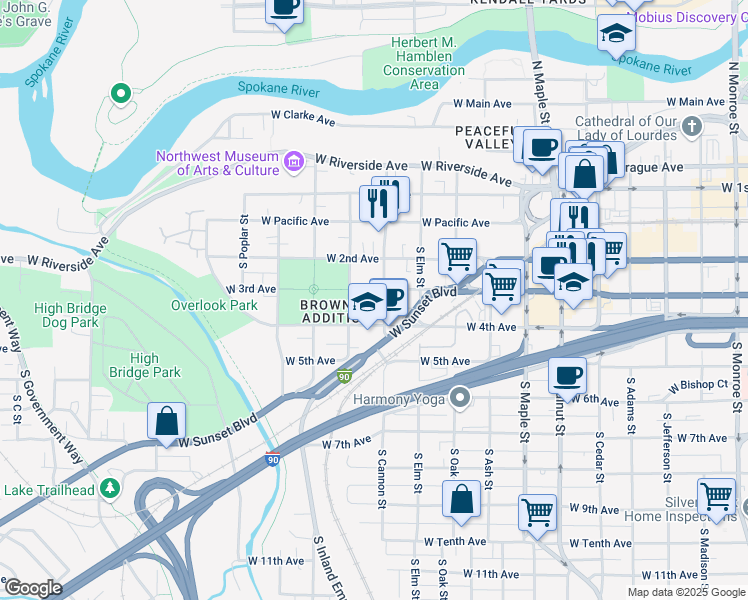 map of restaurants, bars, coffee shops, grocery stores, and more near 2023 West 3rd Avenue in Spokane