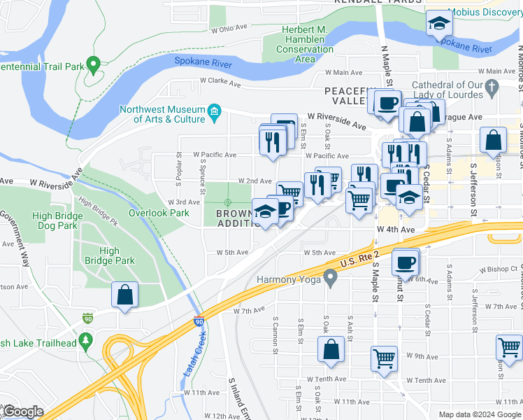 map of restaurants, bars, coffee shops, grocery stores, and more near 2023 West 3rd Avenue in Spokane