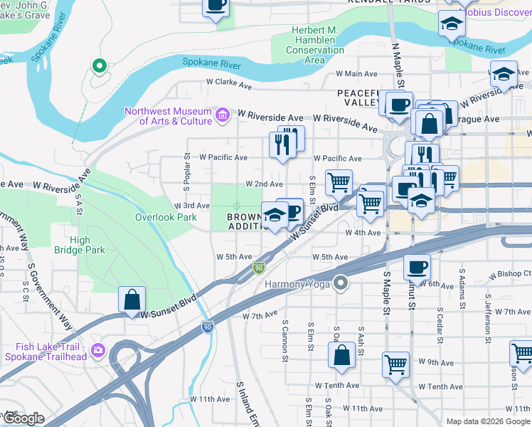 map of restaurants, bars, coffee shops, grocery stores, and more near 2023 West 3rd Avenue in Spokane