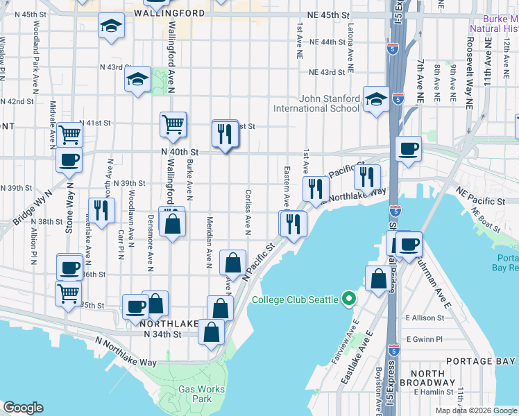 map of restaurants, bars, coffee shops, grocery stores, and more near 2308 North 38th Street in Seattle