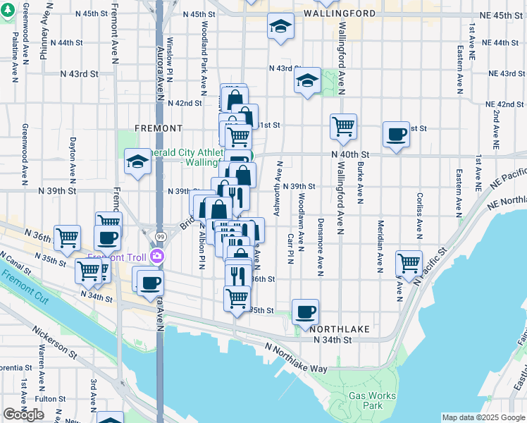 map of restaurants, bars, coffee shops, grocery stores, and more near 3825A Interlake Avenue North in Seattle