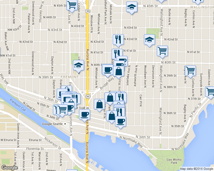 map of restaurants, bars, coffee shops, grocery stores, and more near 3860 Bridge Way North in Seattle