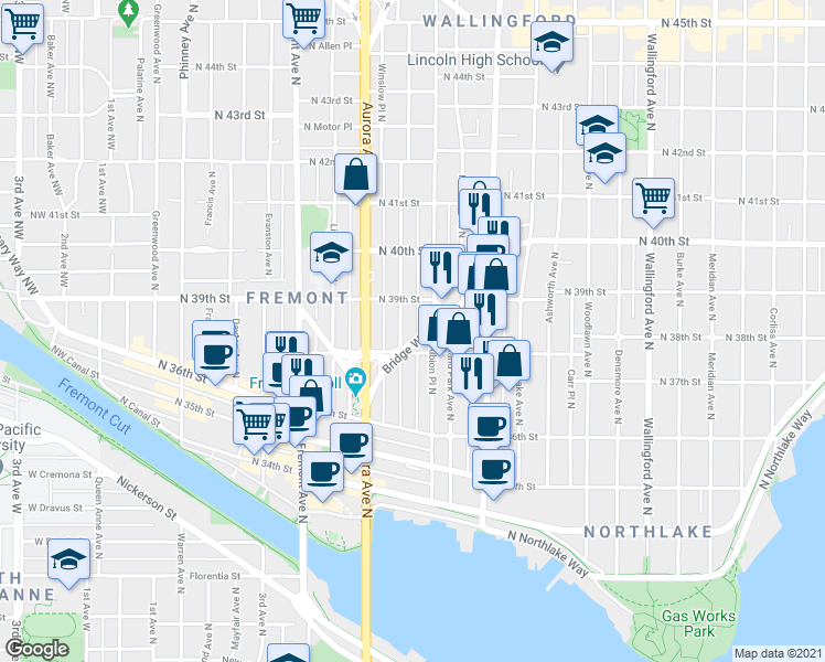 map of restaurants, bars, coffee shops, grocery stores, and more near in Seattle