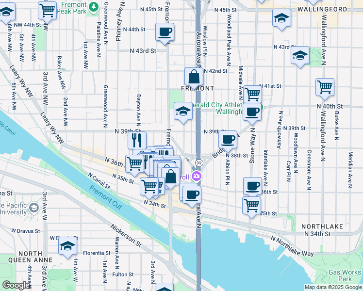map of restaurants, bars, coffee shops, grocery stores, and more near 3829 Linden Avenue North in Seattle