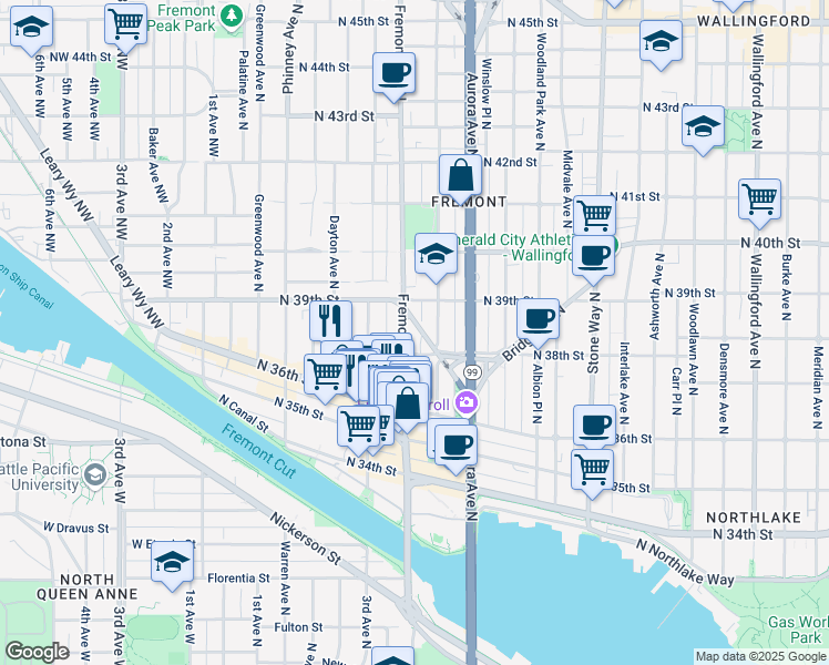 map of restaurants, bars, coffee shops, grocery stores, and more near 3829 Linden Avenue North in Seattle