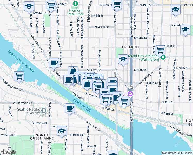 map of restaurants, bars, coffee shops, grocery stores, and more near 3651a Francis Avenue North in Seattle