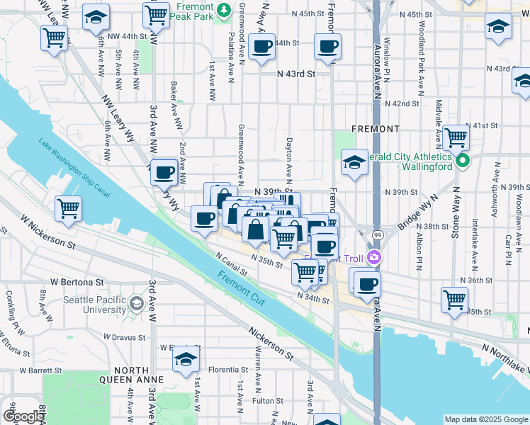 map of restaurants, bars, coffee shops, grocery stores, and more near 3651a Francis Avenue North in Seattle