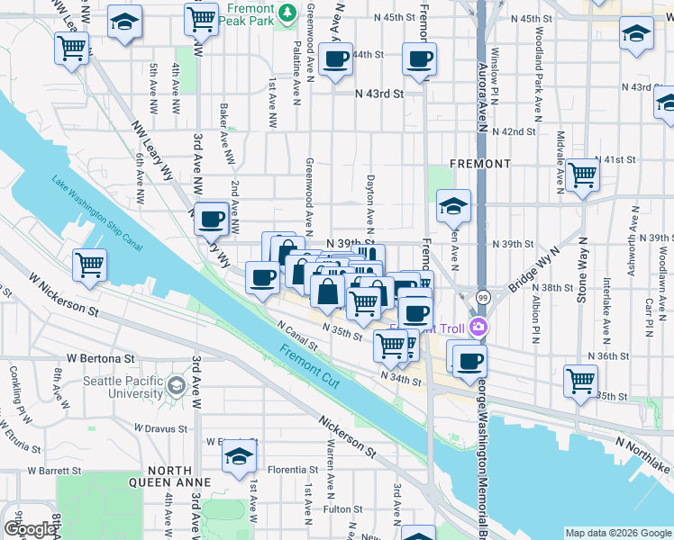 map of restaurants, bars, coffee shops, grocery stores, and more near 3651a Francis Avenue North in Seattle