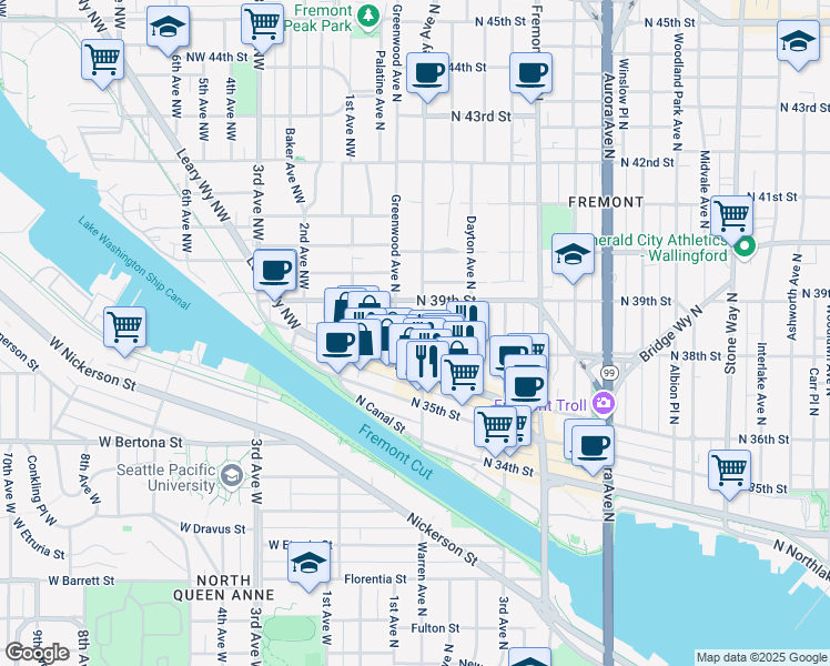 map of restaurants, bars, coffee shops, grocery stores, and more near in Seattle