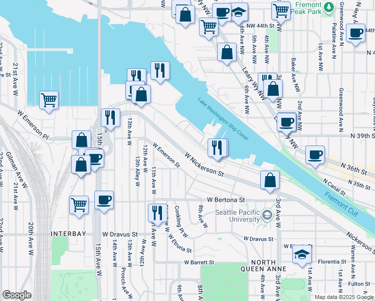 map of restaurants, bars, coffee shops, grocery stores, and more near 840 West Nickerson Street in Seattle