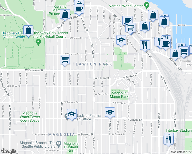 map of restaurants, bars, coffee shops, grocery stores, and more near 3706 30th Avenue West in Seattle