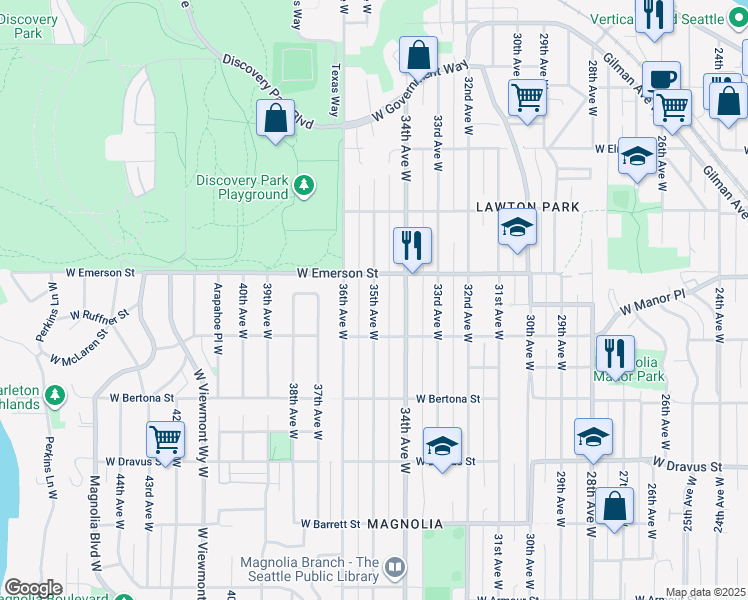 map of restaurants, bars, coffee shops, grocery stores, and more near 3644 36th Avenue West in Seattle