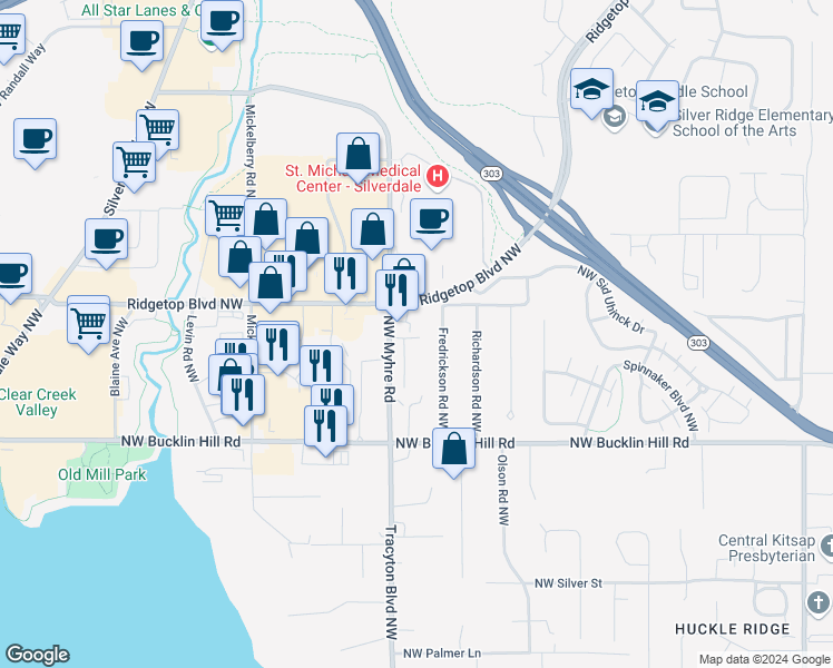 map of restaurants, bars, coffee shops, grocery stores, and more near 9910 Trident Lane Northwest in Silverdale