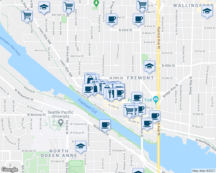 map of restaurants, bars, coffee shops, grocery stores, and more near 3639 Phinney Avenue North in Seattle