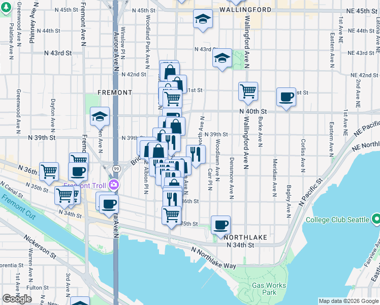 map of restaurants, bars, coffee shops, grocery stores, and more near 3825A Interlake Avenue North in Seattle