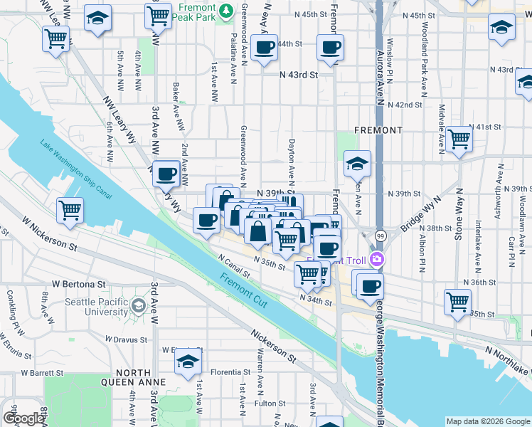map of restaurants, bars, coffee shops, grocery stores, and more near 3651a Francis Avenue North in Seattle