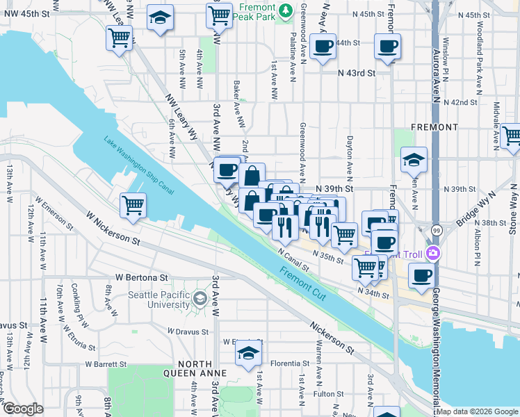 map of restaurants, bars, coffee shops, grocery stores, and more near 3617 1st Avenue Northwest in Seattle