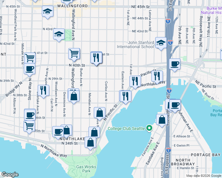 map of restaurants, bars, coffee shops, grocery stores, and more near 2308 North 38th Street in Seattle