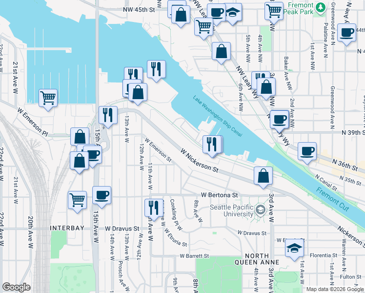 map of restaurants, bars, coffee shops, grocery stores, and more near 840 West Nickerson Street in Seattle