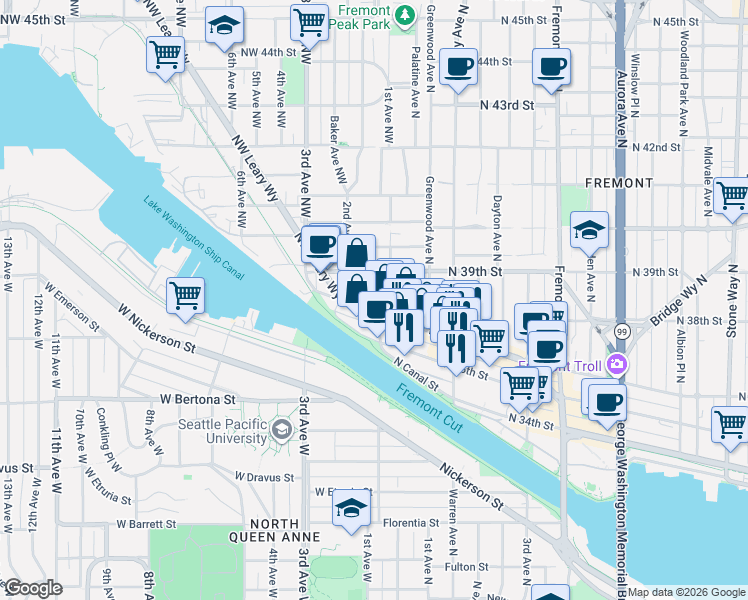 map of restaurants, bars, coffee shops, grocery stores, and more near 3609 1st Avenue Northwest in Seattle