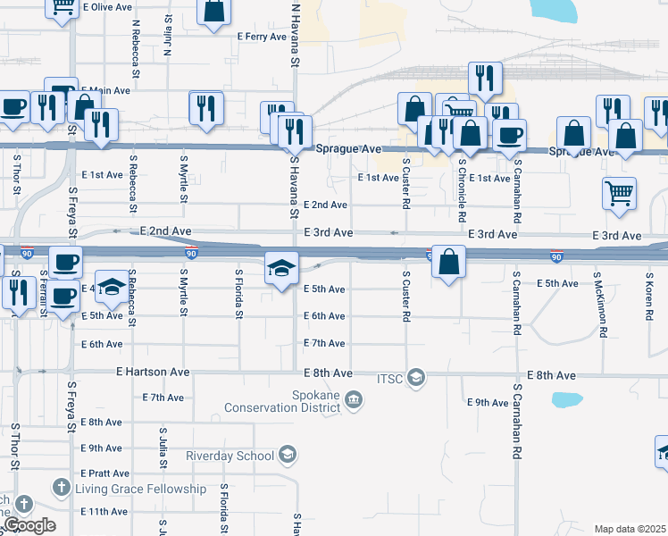 map of restaurants, bars, coffee shops, grocery stores, and more near 4318 East 4th Avenue in Spokane Valley