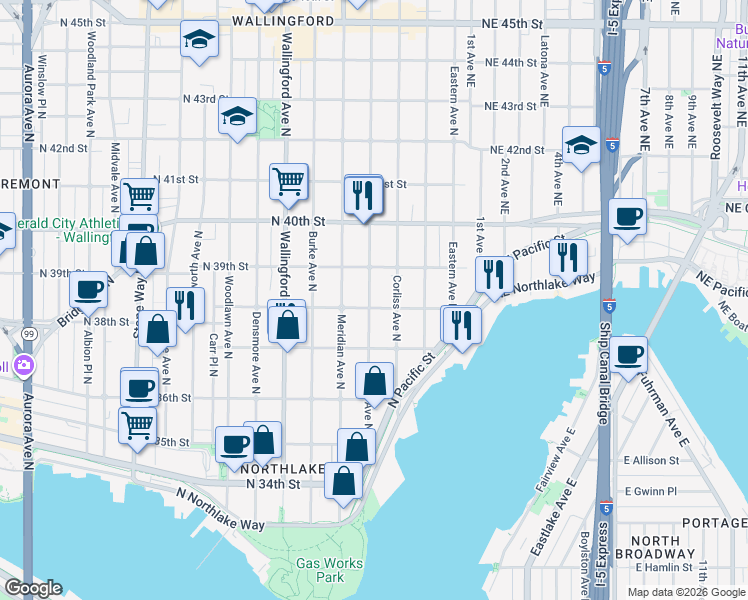 map of restaurants, bars, coffee shops, grocery stores, and more near 3812 Bagley Avenue North in Seattle