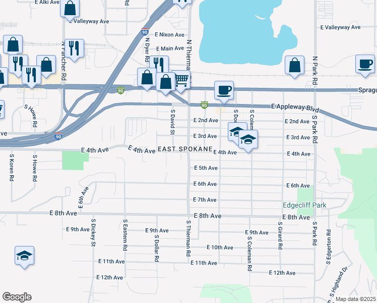 map of restaurants, bars, coffee shops, grocery stores, and more near E 4th Ave & S Thierman St in Spokane