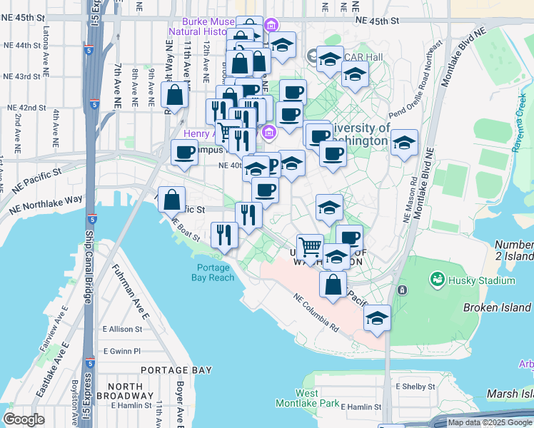 map of restaurants, bars, coffee shops, grocery stores, and more near 3910 15th Avenue Northeast in Seattle