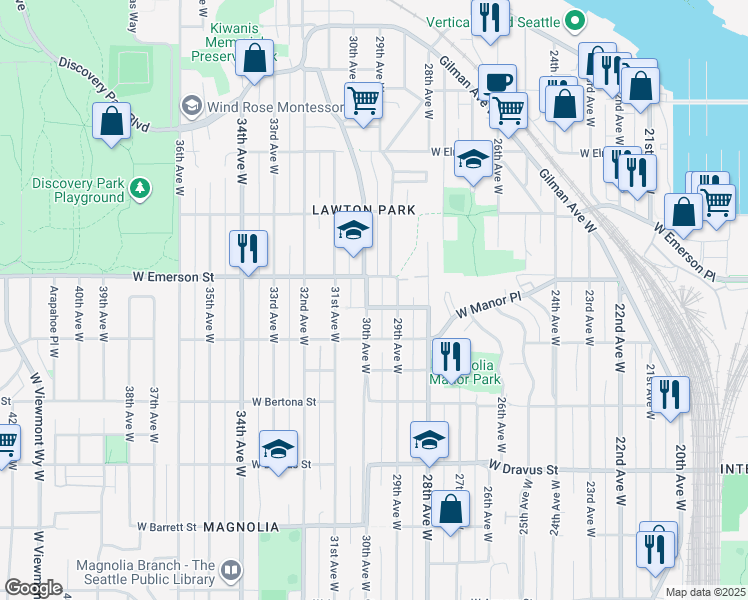 map of restaurants, bars, coffee shops, grocery stores, and more near 3702 30th Avenue West in Seattle