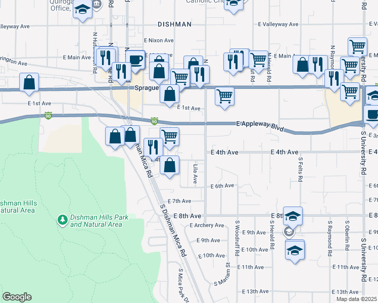 map of restaurants, bars, coffee shops, grocery stores, and more near 9611 East 4th Avenue in Spokane Valley