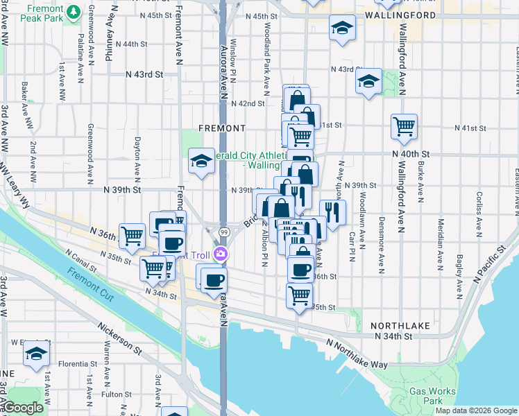 map of restaurants, bars, coffee shops, grocery stores, and more near 3860 Bridge Way North in Seattle
