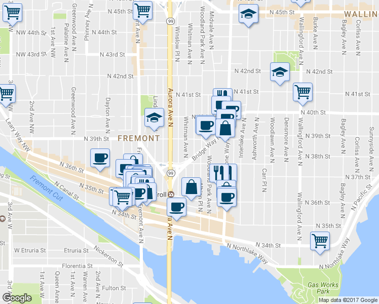 map of restaurants, bars, coffee shops, grocery stores, and more near in Seattle
