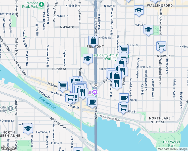 map of restaurants, bars, coffee shops, grocery stores, and more near 3823 Aurora Avenue North in Seattle