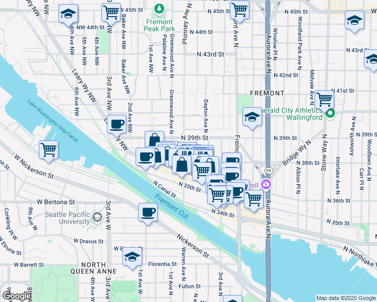 map of restaurants, bars, coffee shops, grocery stores, and more near 3651a Francis Avenue North in Seattle