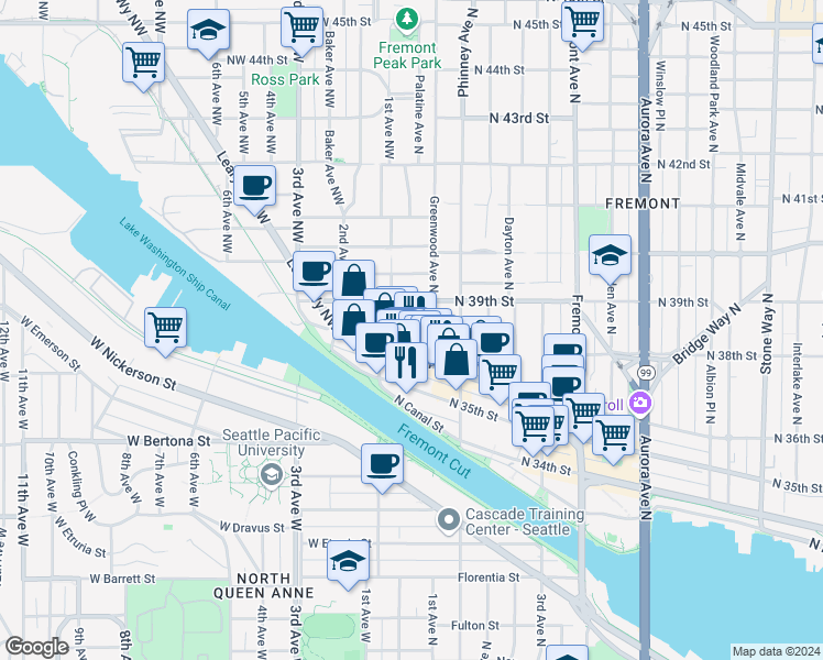 map of restaurants, bars, coffee shops, grocery stores, and more near 3628 Palatine Avenue North in Seattle