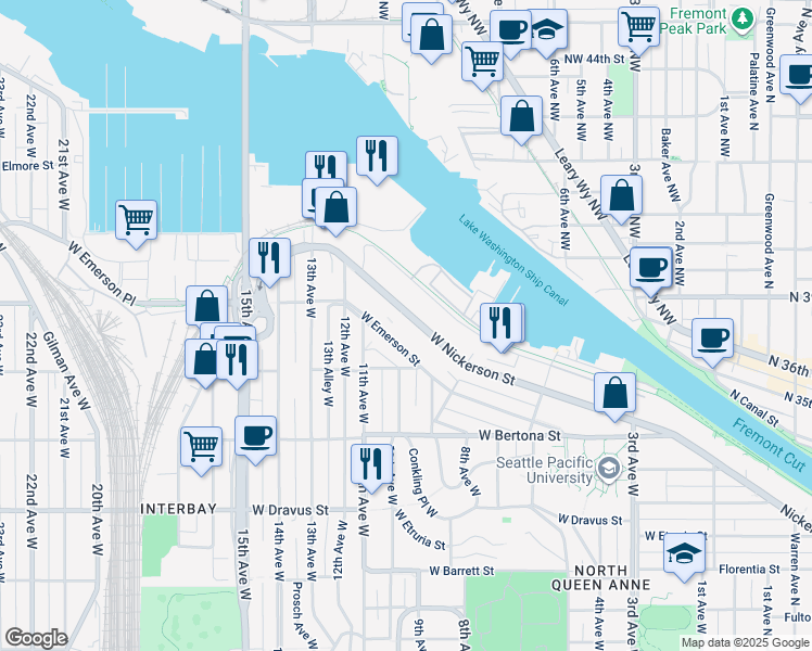map of restaurants, bars, coffee shops, grocery stores, and more near 965 West Nickerson Street in Seattle