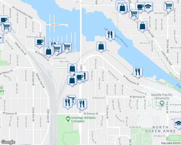 map of restaurants, bars, coffee shops, grocery stores, and more near 3646 14th Avenue West in Seattle