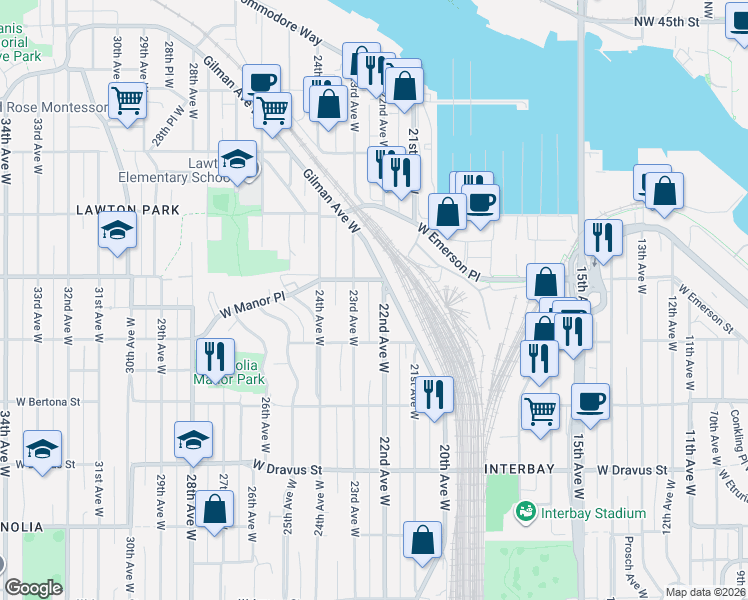 map of restaurants, bars, coffee shops, grocery stores, and more near 3645 22nd Avenue West in Seattle