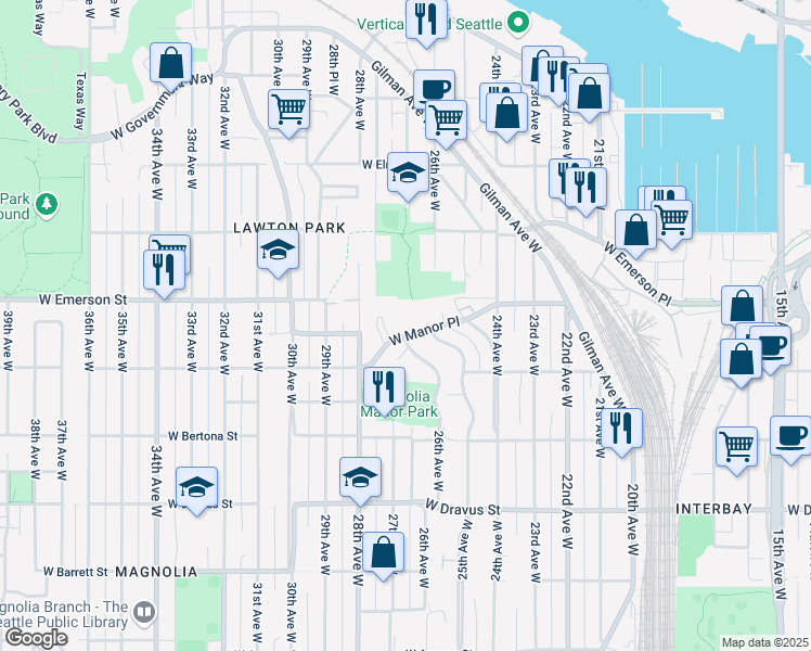 map of restaurants, bars, coffee shops, grocery stores, and more near 3710 27th Place West in Seattle