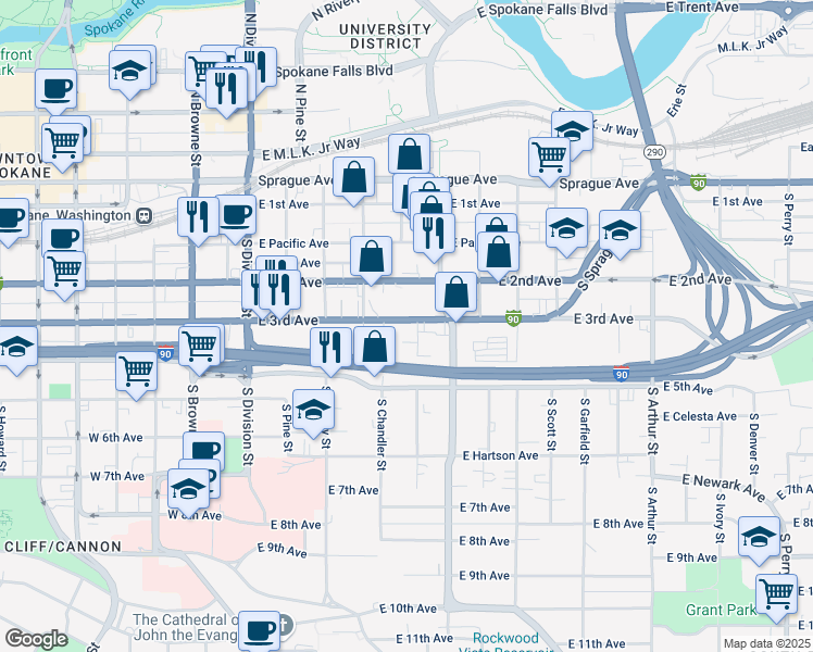 map of restaurants, bars, coffee shops, grocery stores, and more near 376 East 3rd Avenue in Spokane