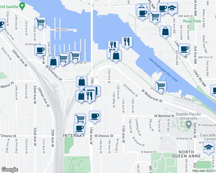 map of restaurants, bars, coffee shops, grocery stores, and more near 3645 13th Avenue West in Seattle
