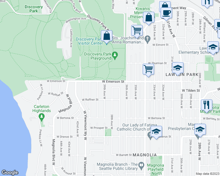 map of restaurants, bars, coffee shops, grocery stores, and more near 3637 38th Avenue West in Seattle