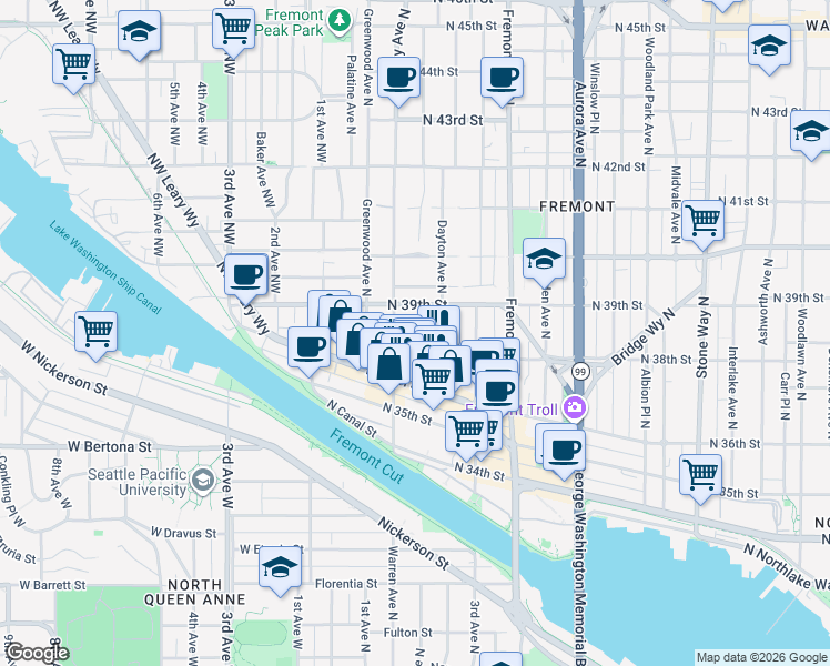 map of restaurants, bars, coffee shops, grocery stores, and more near 3649 Francis Avenue North in Seattle