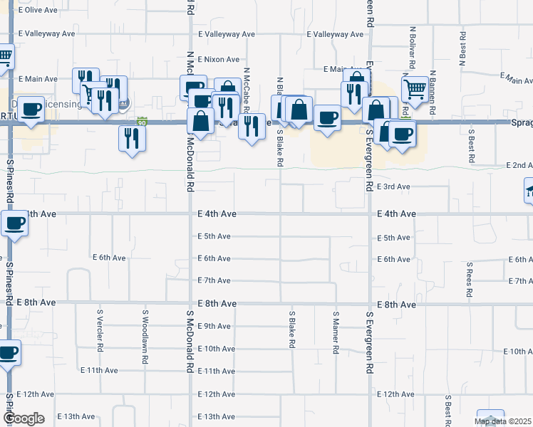 map of restaurants, bars, coffee shops, grocery stores, and more near 13401 East 4th Avenue in Spokane Valley