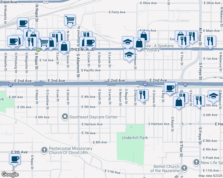 map of restaurants, bars, coffee shops, grocery stores, and more near 2704 E 3rd Ave in Spokane